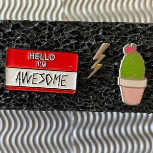 ⭐️FWP Set of 3 lapel pins - Lightning Bolt - Cactus - Hello I’m Awesome